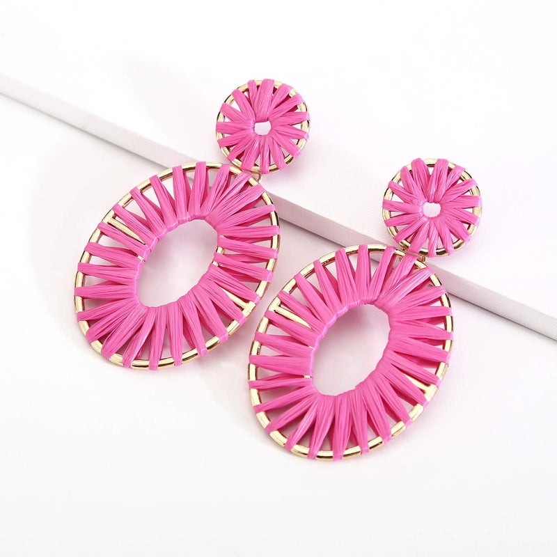 BaubleStar Kiera Raffia Tassel Fringe Rattan Hoop Drop Statement Earrings Hot Pink Tiered Thread Handmade Round Oval Cirle Dangle Fashion Jewelry for Women - Image 3